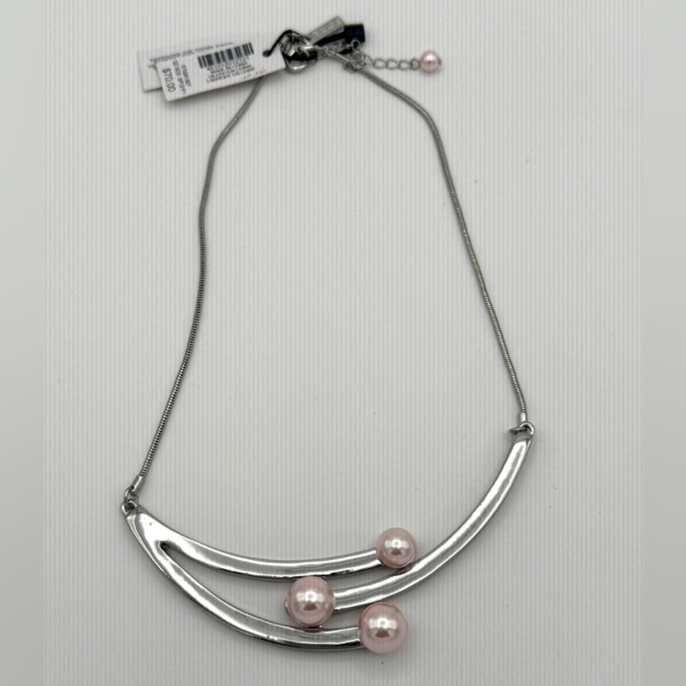White House Black Market Silver Necklace with Pink Pearl Accents MSRP $70 - Picture 3 of 6